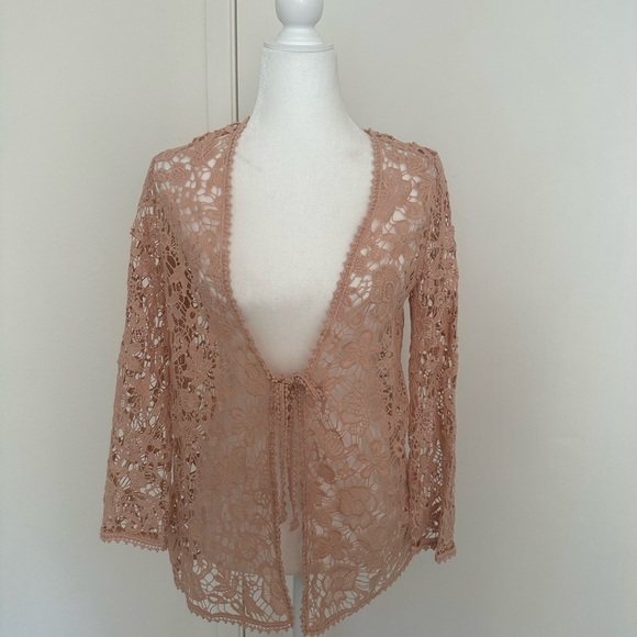 Chico's Sweaters - Chicos Cardigan Womens Pink Crochet Lace 30 Year Anniversary Boho Artsy Sz 0 Sm